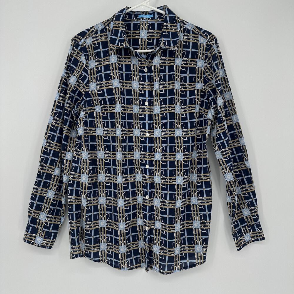 J McLaughlin Shirt Womens Medium Blue Geometric Floral Button Front Cotton Top